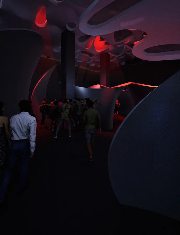 The BASEMENT provides diverse opportunities for crowd formation and exploration. Above, the bridge incorporates perforated seating surfaces, intentional…