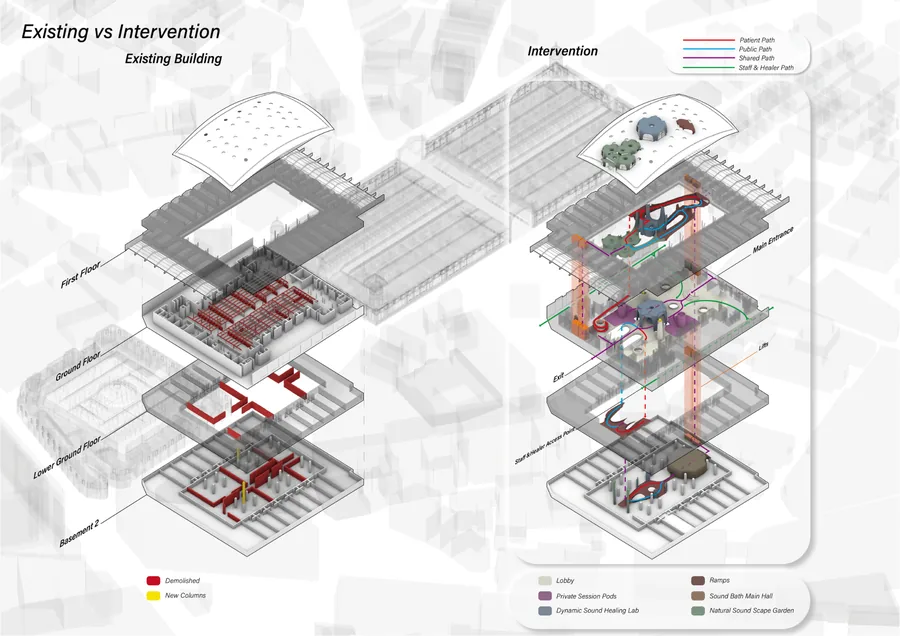 This exploded diagram reveals which parts of the original building were demolished and what new interventions have been introduced.