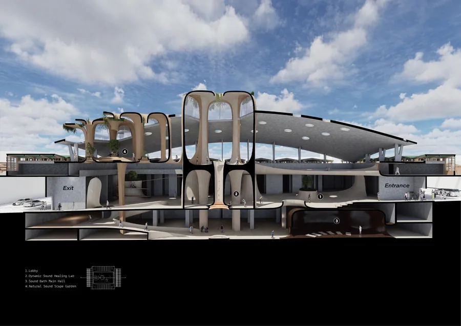 The rendered section highlights several key spaces, clearly revealing the contrast between the existing structure and the new intervention.