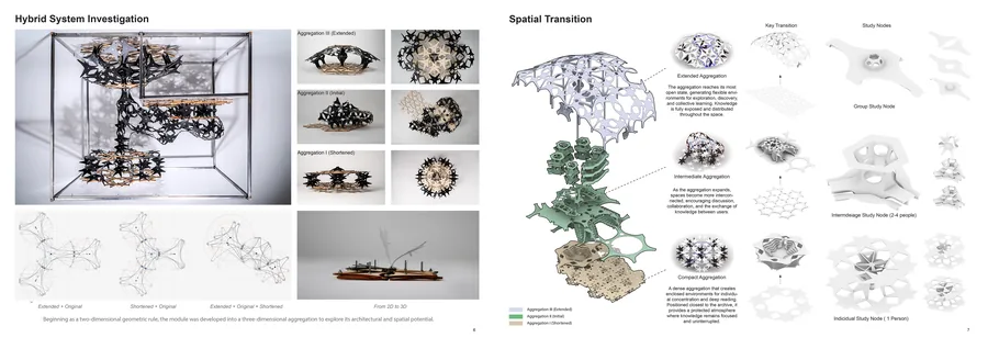Beginning as a geometric rule, the module was transformed into a three-dimensional aggregation system to investigate how variations in density, openness, and…