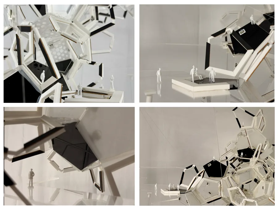 Aggregation of units within 75cm side cube. Creation of enclosed, semi-enclosed, and open spaces with different atmosphere qualities.