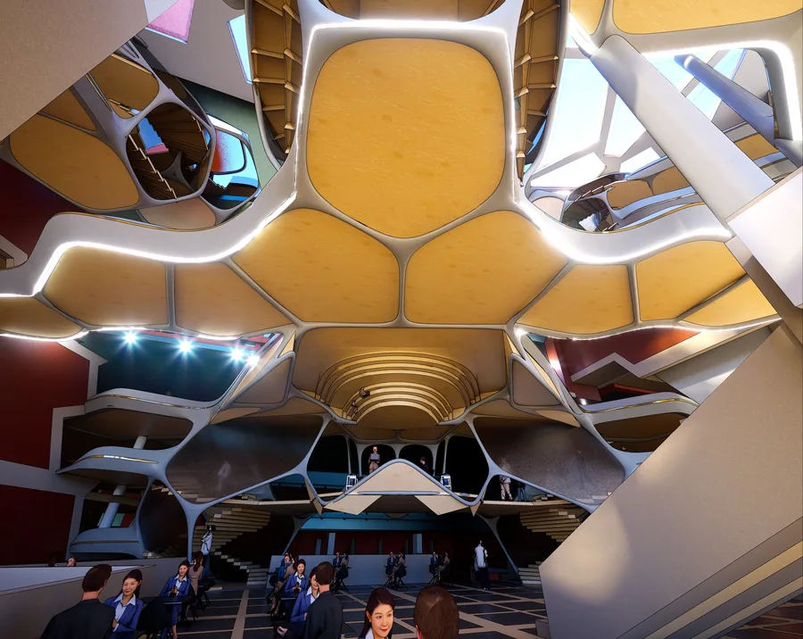 Underneath the system in the atrium, with the digital access point in the middle and the amphitheater right above it.