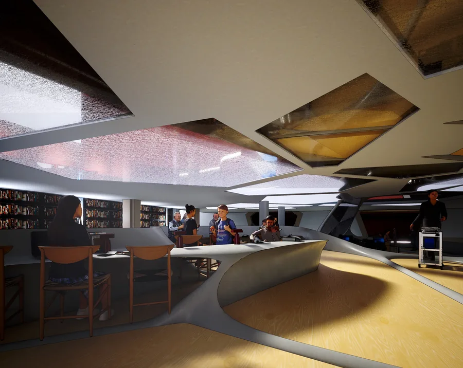 A common area and reading space at the back side of the atrium.
