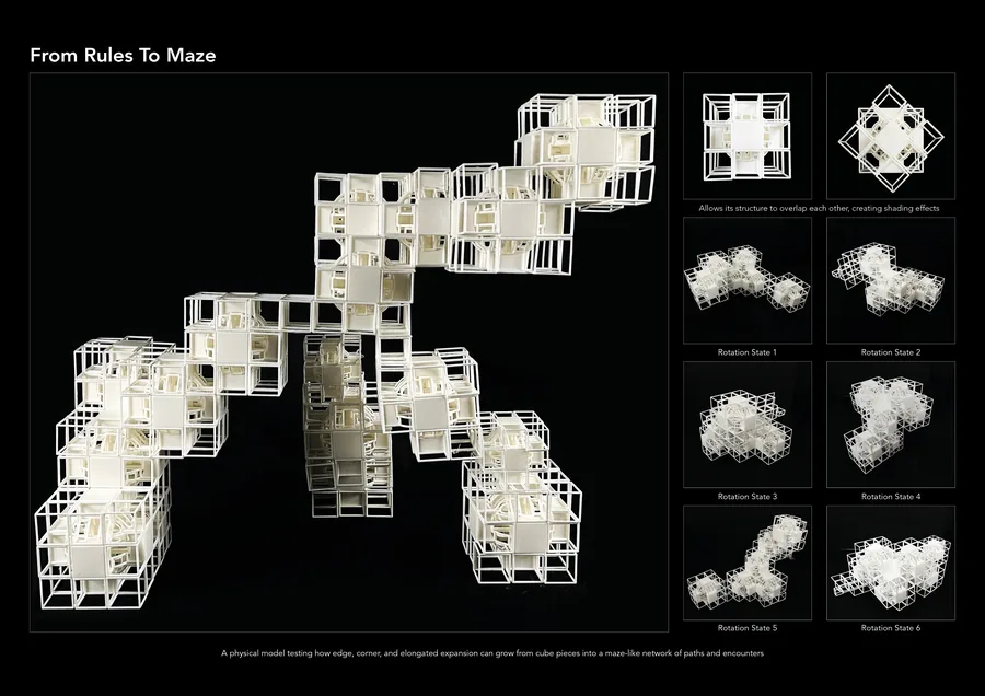A physical model testing how edge, corner, and elongated expansion rules can grow from cube pieces into a maze-like network of paths and encounters