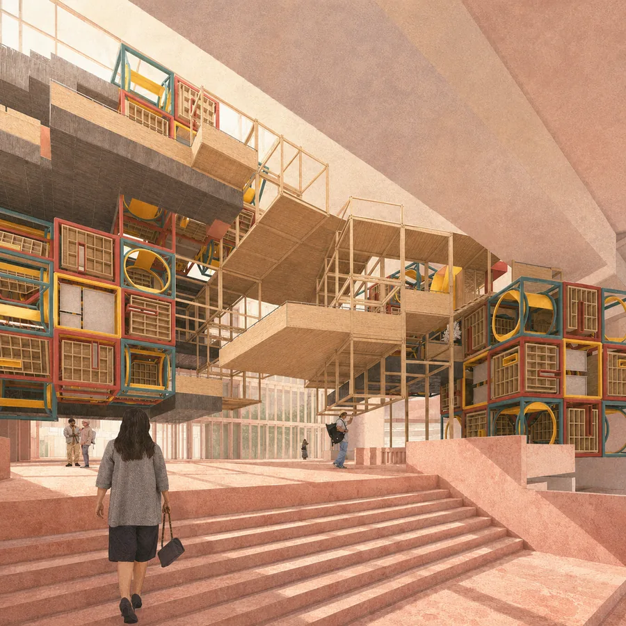 Visitors enter a non-linear lanscape of cubes, bridges and platforms