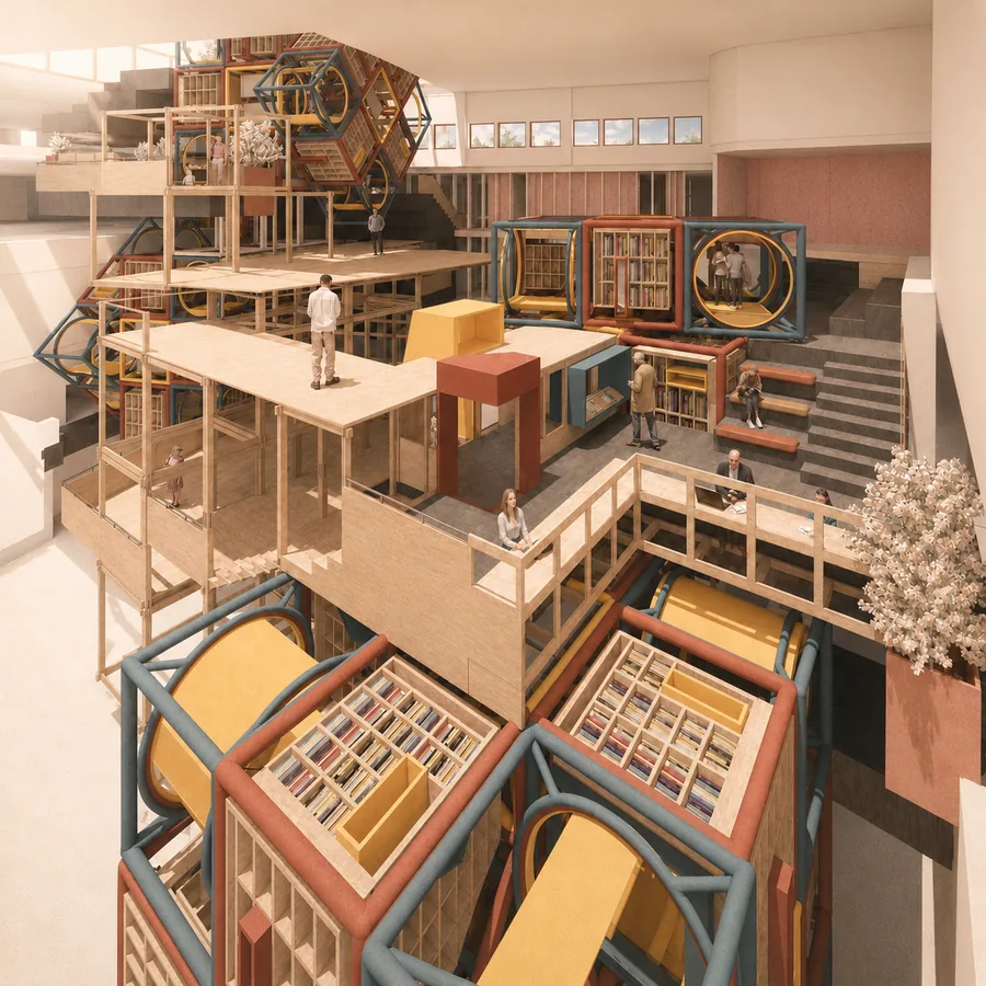 Encounter cubes aggregate into a public field of discovery within the British Library's atrium