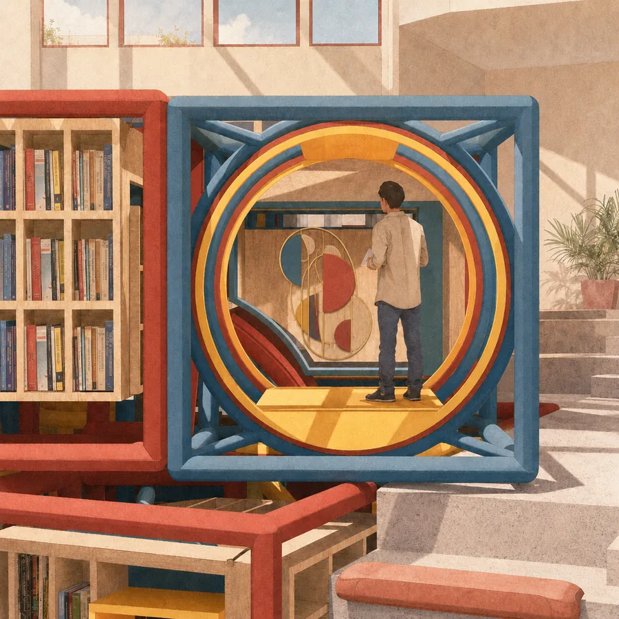 Inside the cube, knowledge is encountered through movement, books, and media