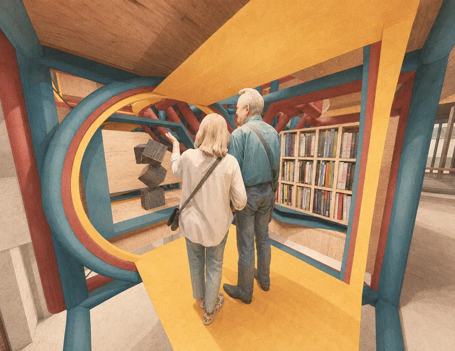 A stabilised capsule carries visitors through the rotating cube, turning each shift in orientation into a new encounter