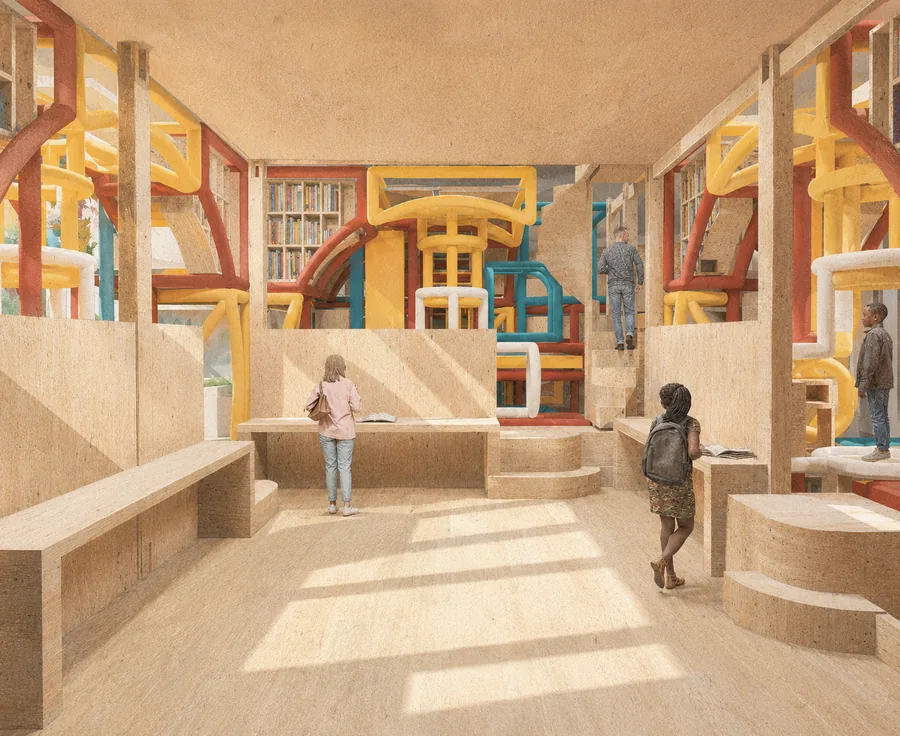The immersion cube cluster, a quieter interior where the visitor is surrounded by books, screens, and moving frames, turning research into an immersive…